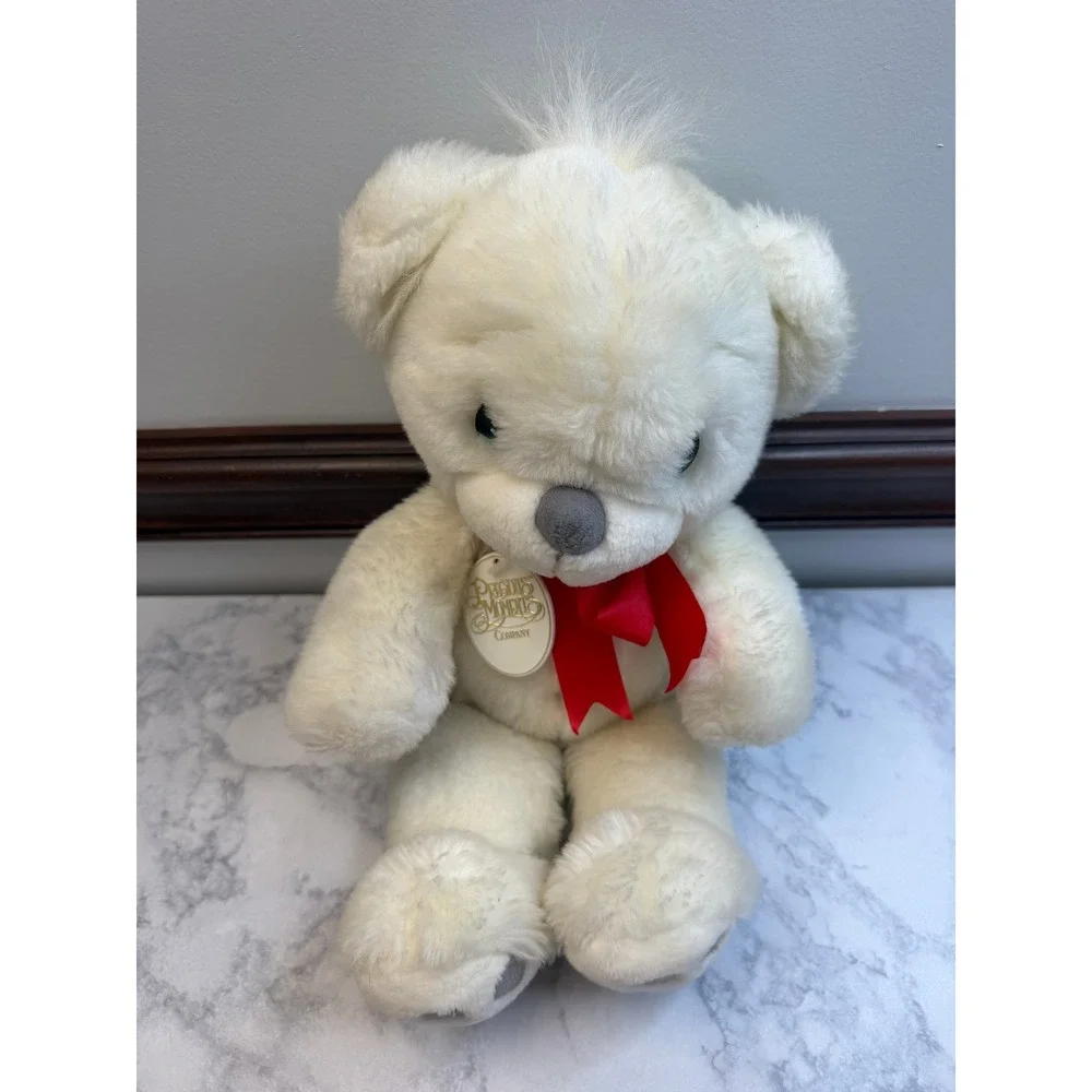 Precious Moments White Teddy Bear Plush Red Ribbon Teal Eyes Vintage Collectible